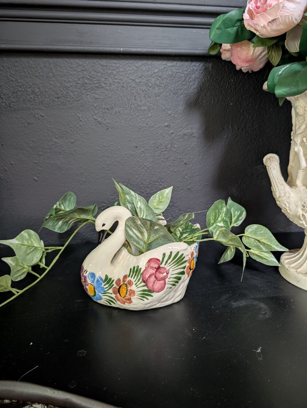 Vintage Ceramic Swan Planter, Hand Painted Floral Planter Bowl 8 X 5